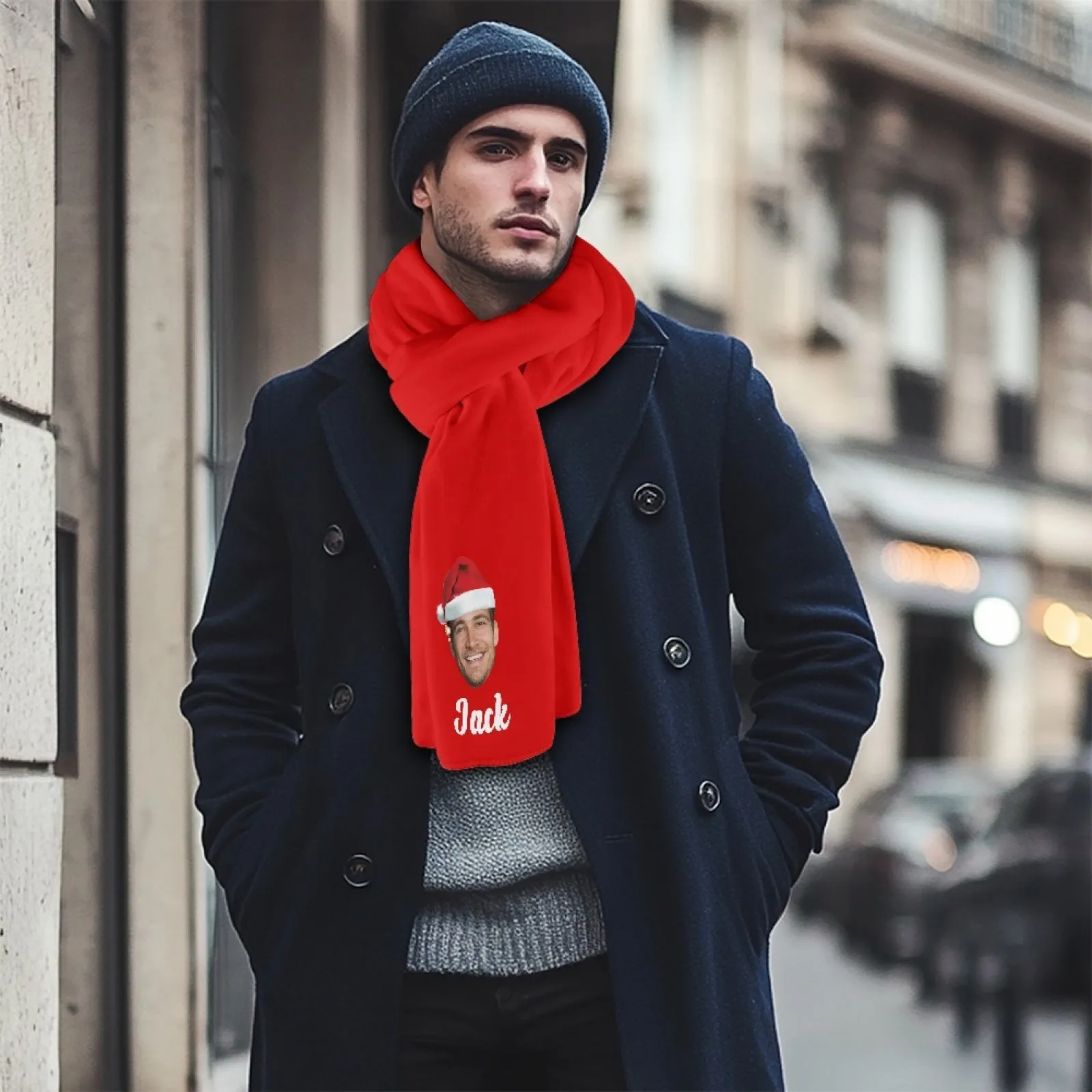 2 Piece Warm Gift Custom Face&Text Christmas Fluffy Scarf and Santa Hat Soft&High Elasticity Winter Gift