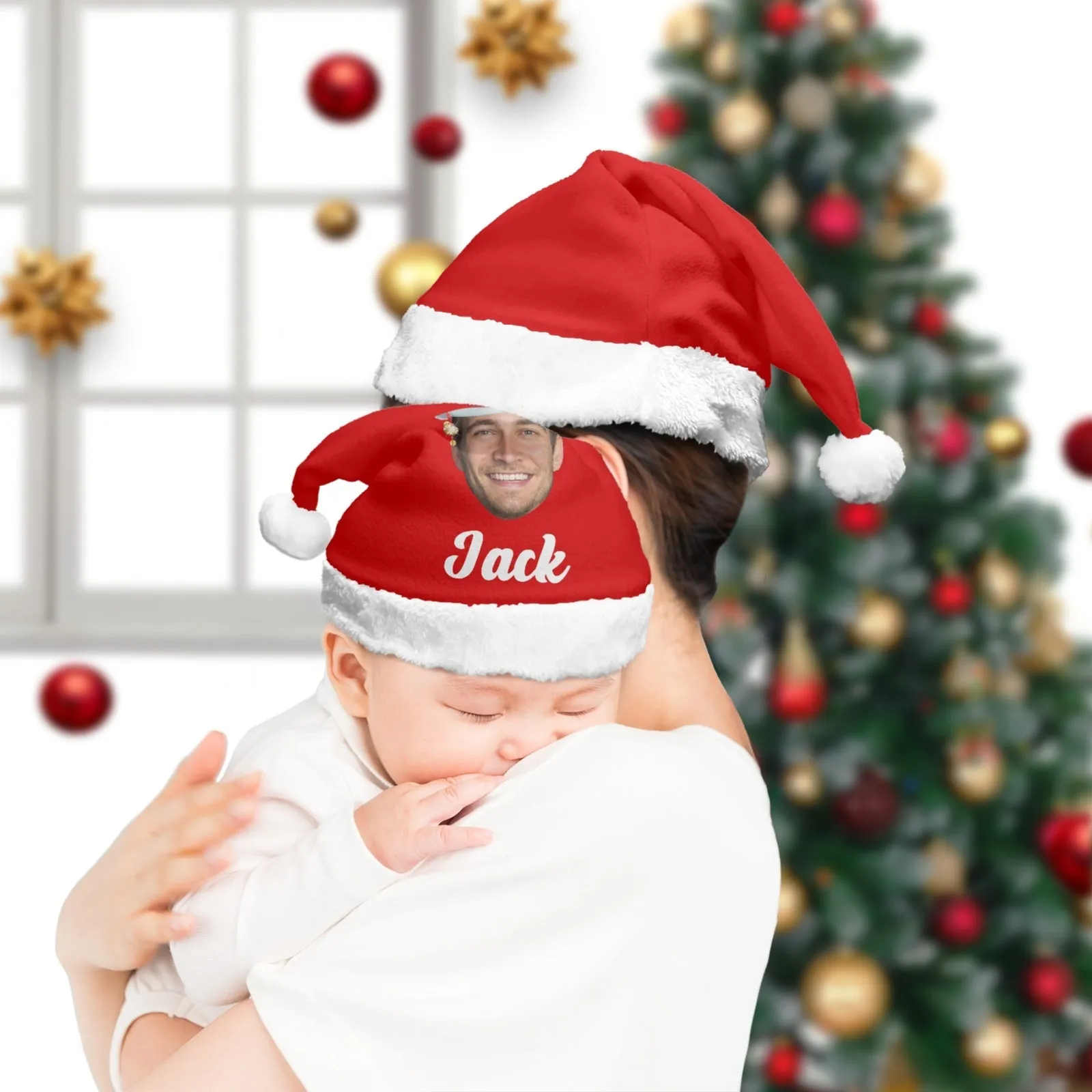 2 Piece Warm Gift Custom Face&Text Christmas Fluffy Scarf and Santa Hat Soft&High Elasticity Winter Gift