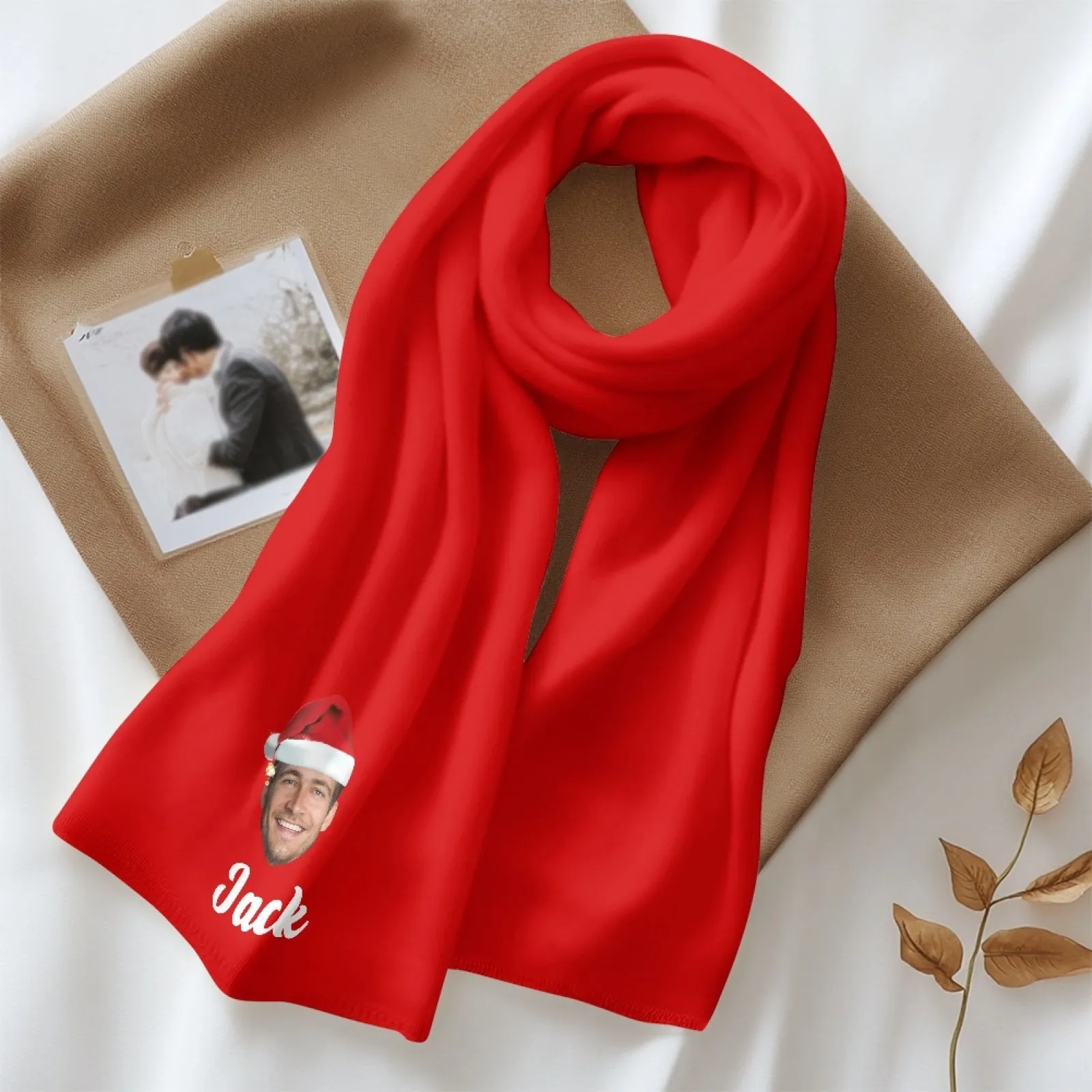2 Piece Warm Gift Custom Face&Text Christmas Fluffy Scarf and Santa Hat Soft&High Elasticity Winter Gift