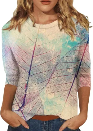3/4 Length Sleeve Womens Tops 2024 Floral Print Vintage Casual Loose with Round Neck Plus Size Shirts