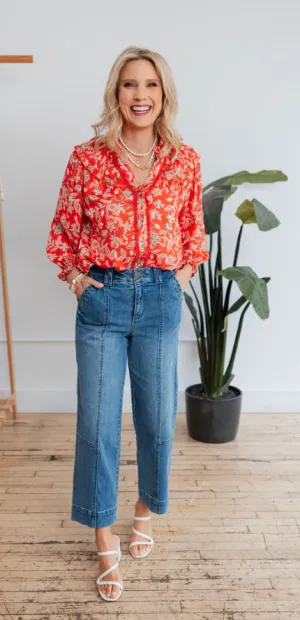 3/4 Sleeve Button Down Printed Top - HQ