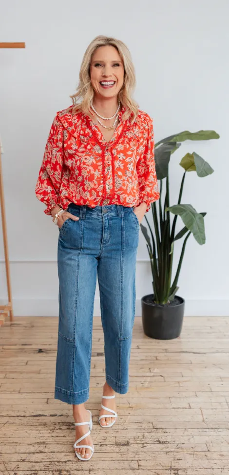 3/4 Sleeve Button Down Printed Top - HQ
