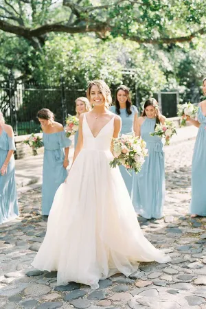 A Line Beach Elegant V Neck Ivory Brush Train Spaghetti Straps Wedding Dresses