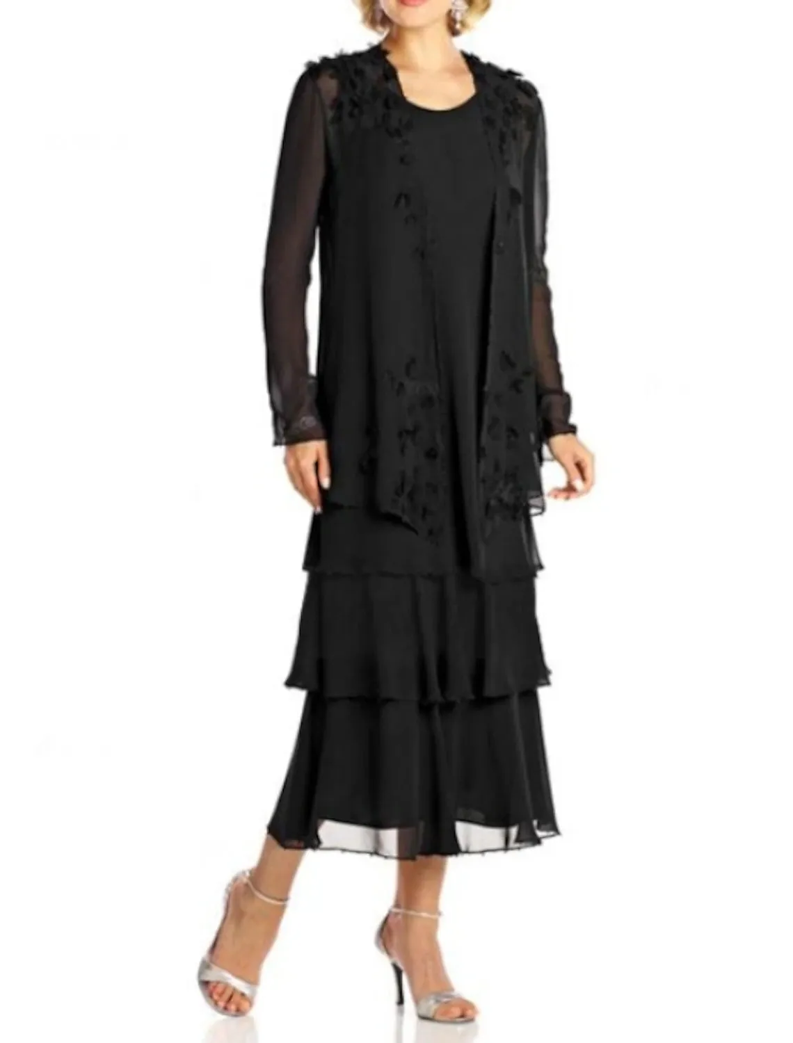 A-Line Mother of the Bride Dress Elegant Plus Size Jewel Neck Tea Length Chiffon Long Sleeve Jacket Dresses with Lace Sash / Ribbon