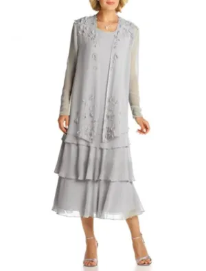A-Line Mother of the Bride Dress Elegant Plus Size Jewel Neck Tea Length Chiffon Long Sleeve Jacket Dresses with Lace Sash / Ribbon