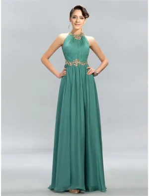 A-Line Wedding Guest Dresses Elegant Dress Party Wear Wedding Party Floor Length Sleeveless Halter Neck Chiffon with Ruched Appliques