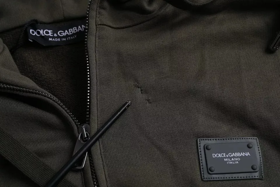 Army Green Logo Hooded Full Zip Sweater