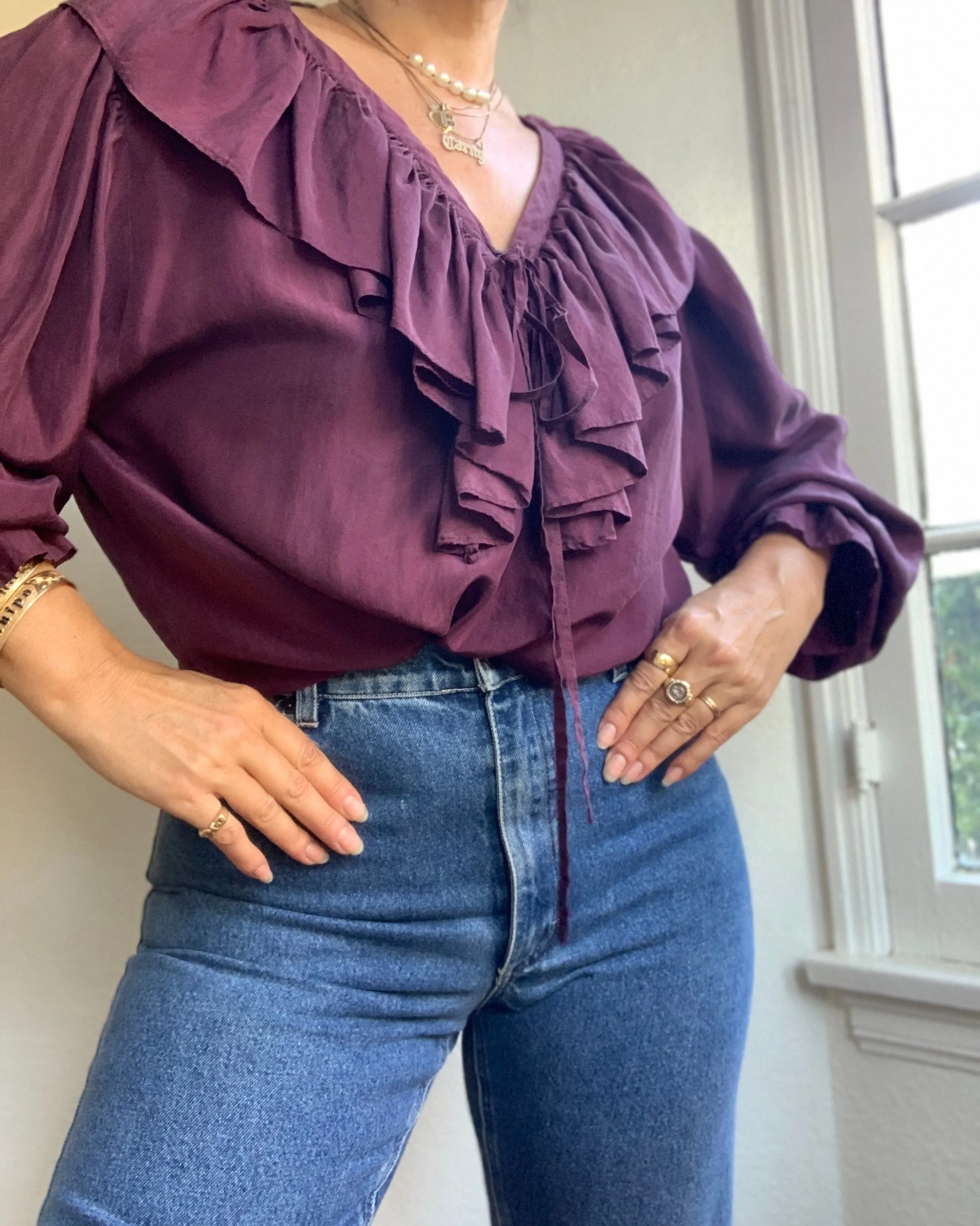 Aubergine Silk Ruffle Blouse