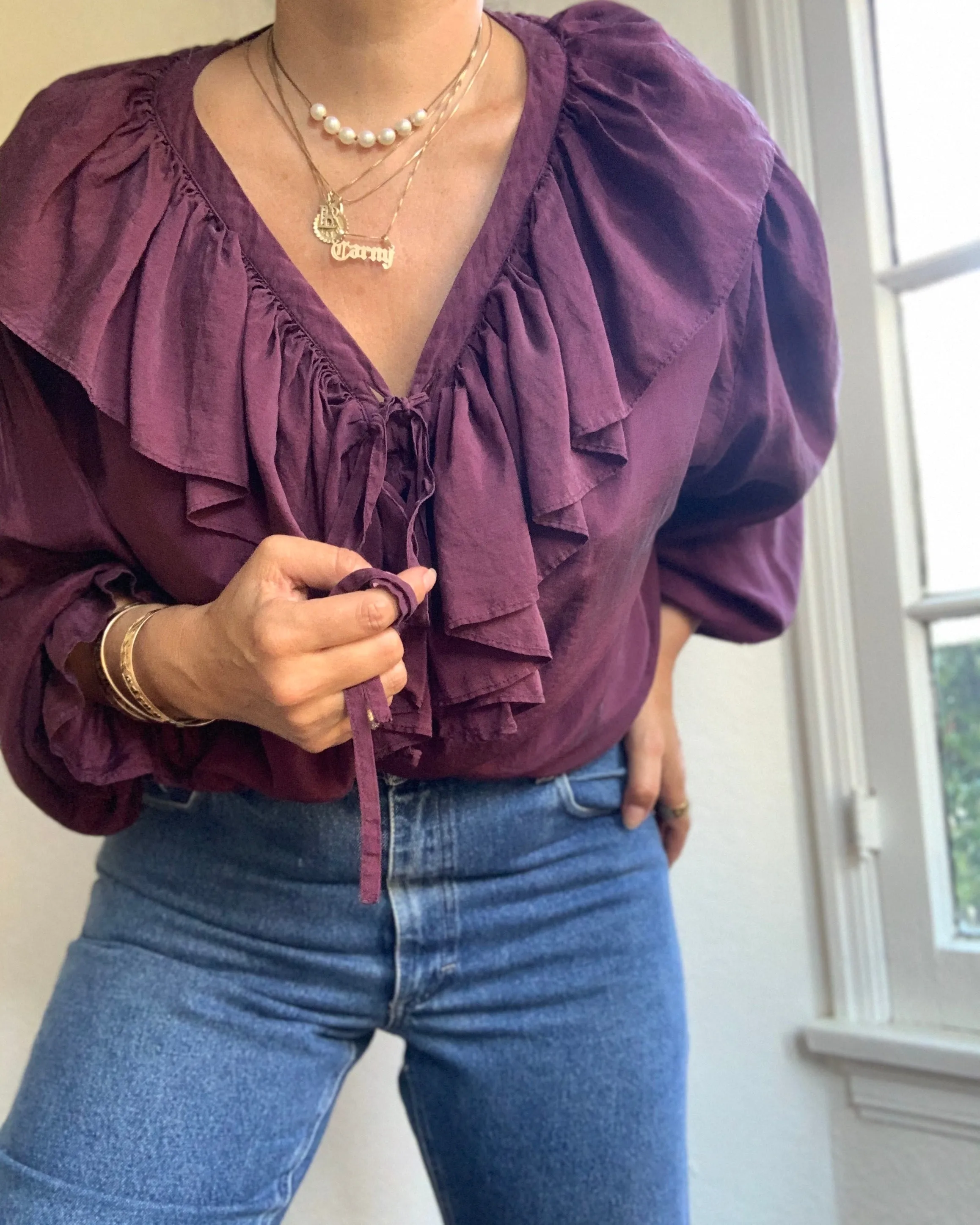 Aubergine Silk Ruffle Blouse