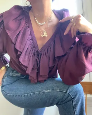 Aubergine Silk Ruffle Blouse