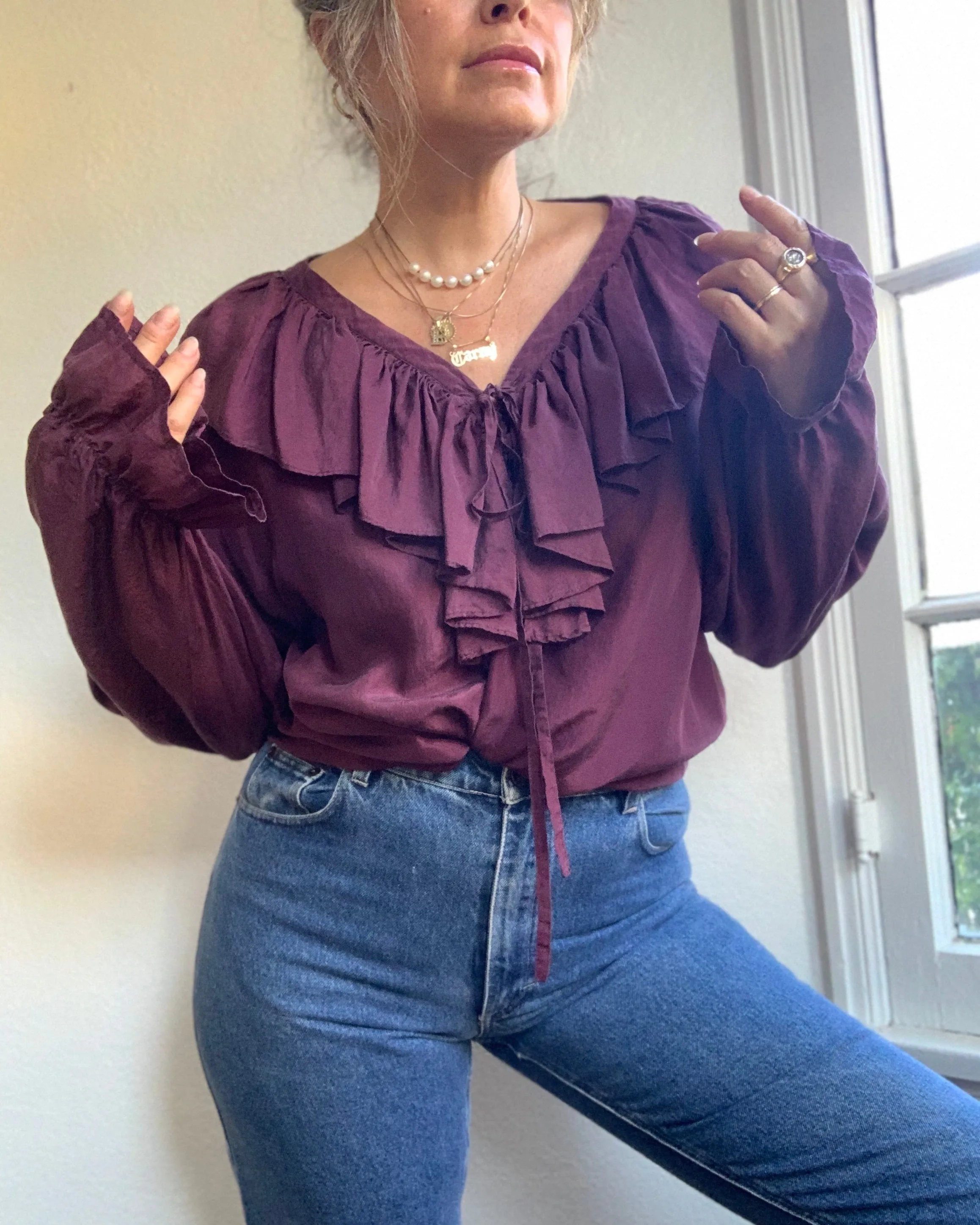 Aubergine Silk Ruffle Blouse