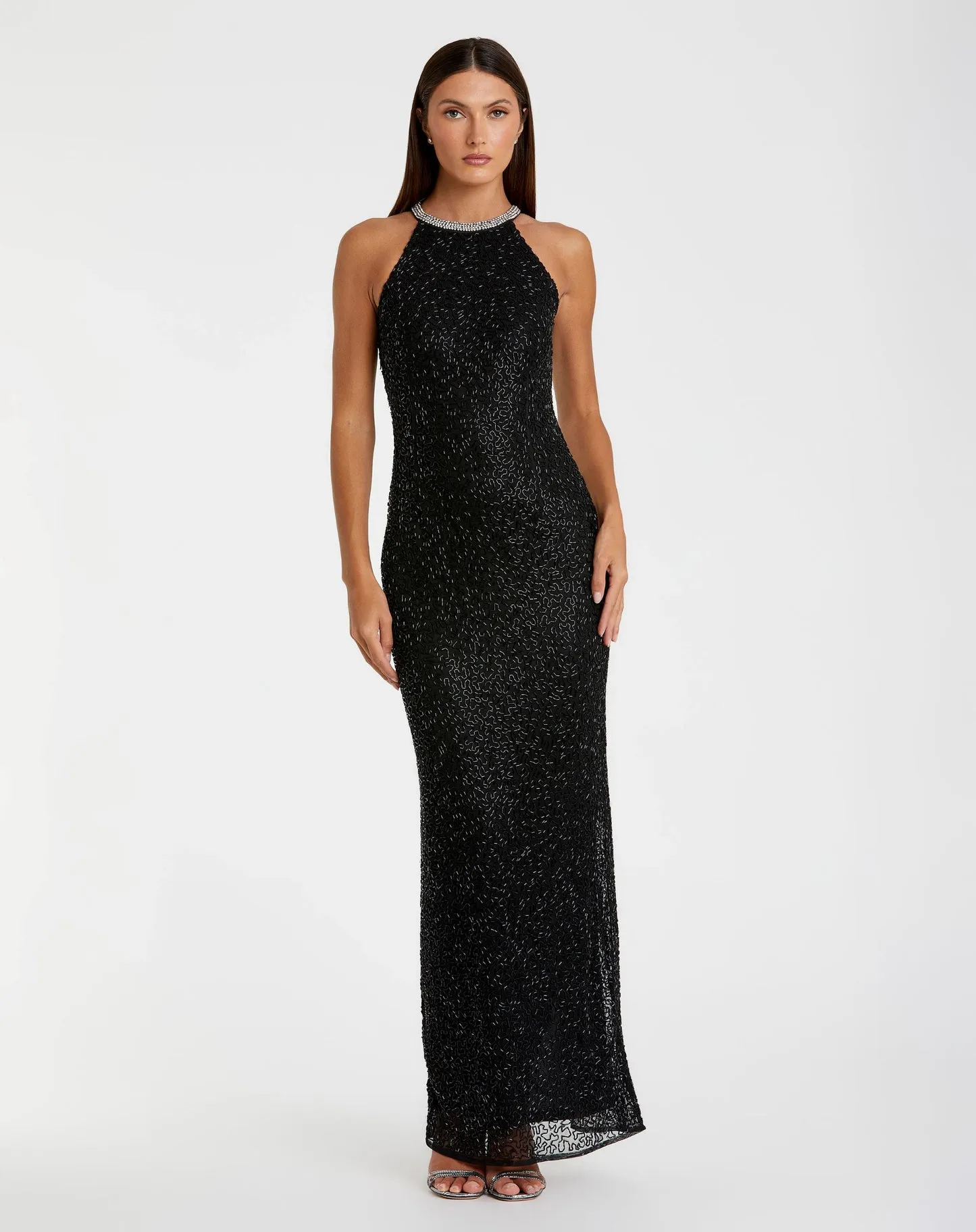 Beaded Sleeveless High Neck Column Gown - White
