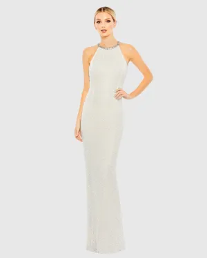 Beaded Sleeveless High Neck Column Gown - White