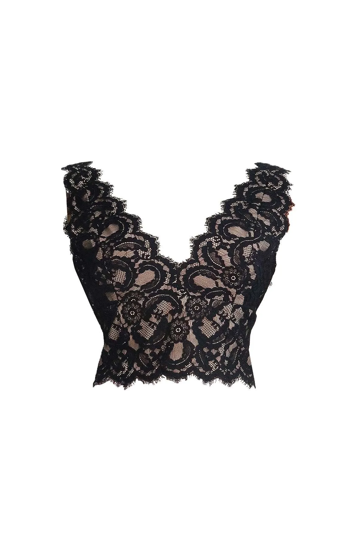 Black Floral Laced V-neck Top With Beige Lining