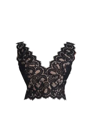 Black Floral Laced V-neck Top With Beige Lining