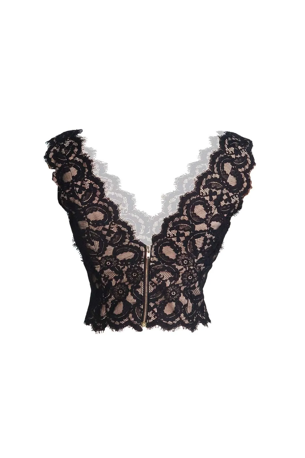 Black Floral Laced V-neck Top With Beige Lining