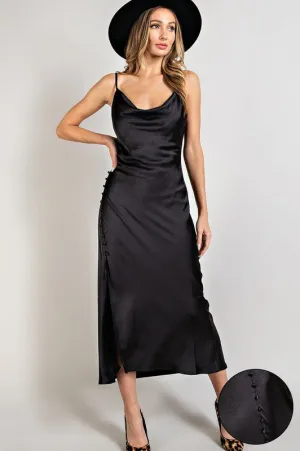 Black Satin Cowl Neck Slit Maxi Dress