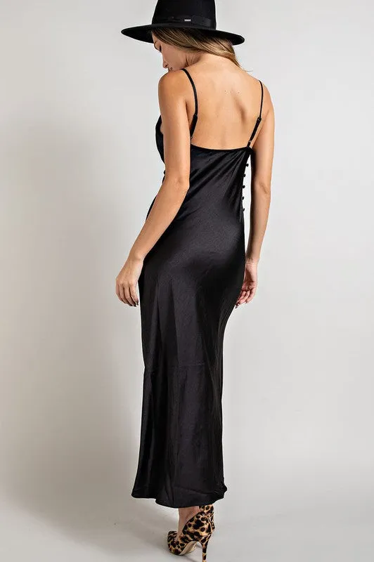 Black Satin Cowl Neck Slit Maxi Dress