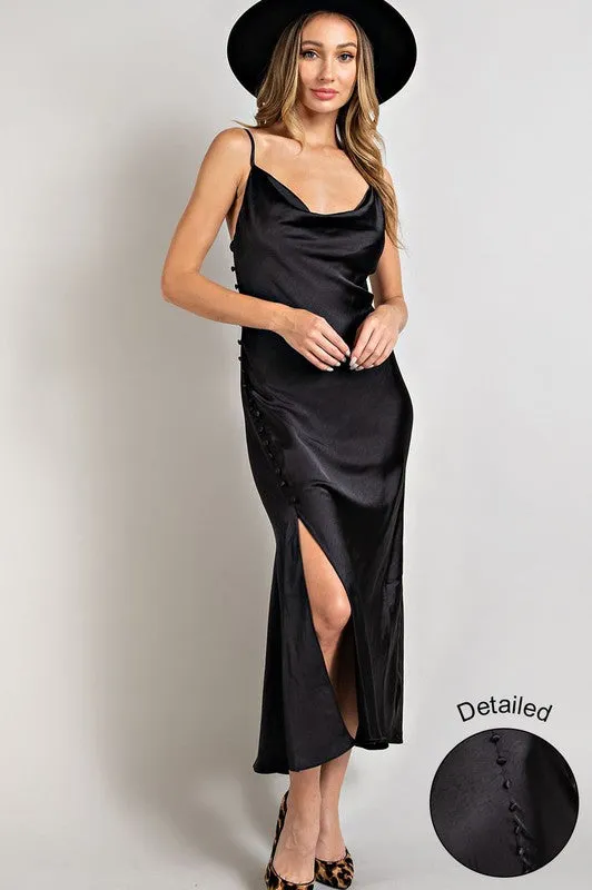 Black Satin Cowl Neck Slit Maxi Dress