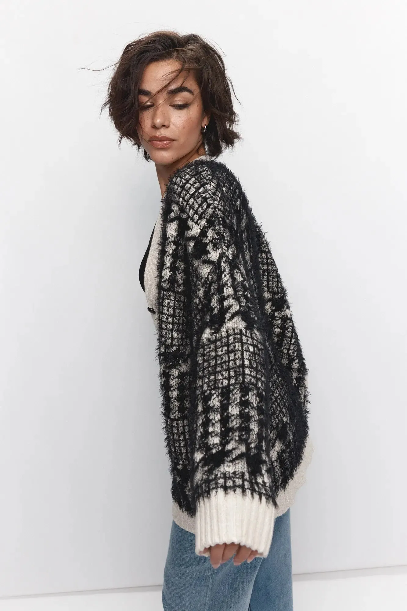 Cardigan blanc et noir à motif pied-de-poule | Cardi