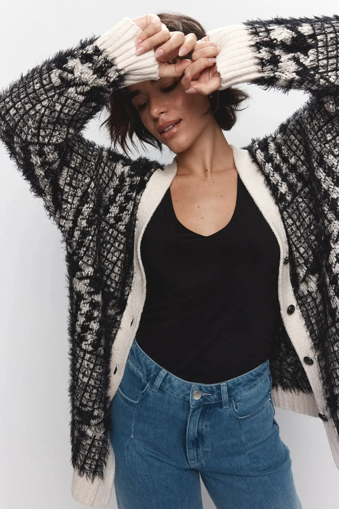 Cardigan blanc et noir à motif pied-de-poule | Cardi