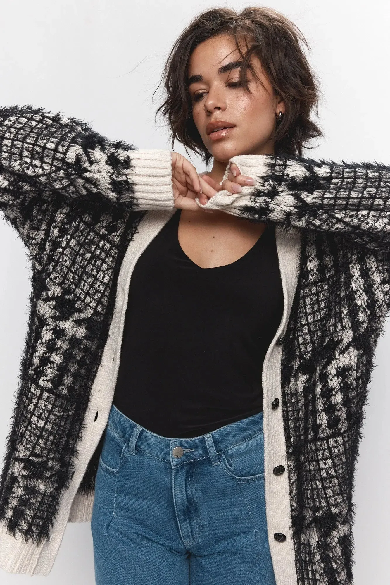 Cardigan blanc et noir à motif pied-de-poule | Cardi