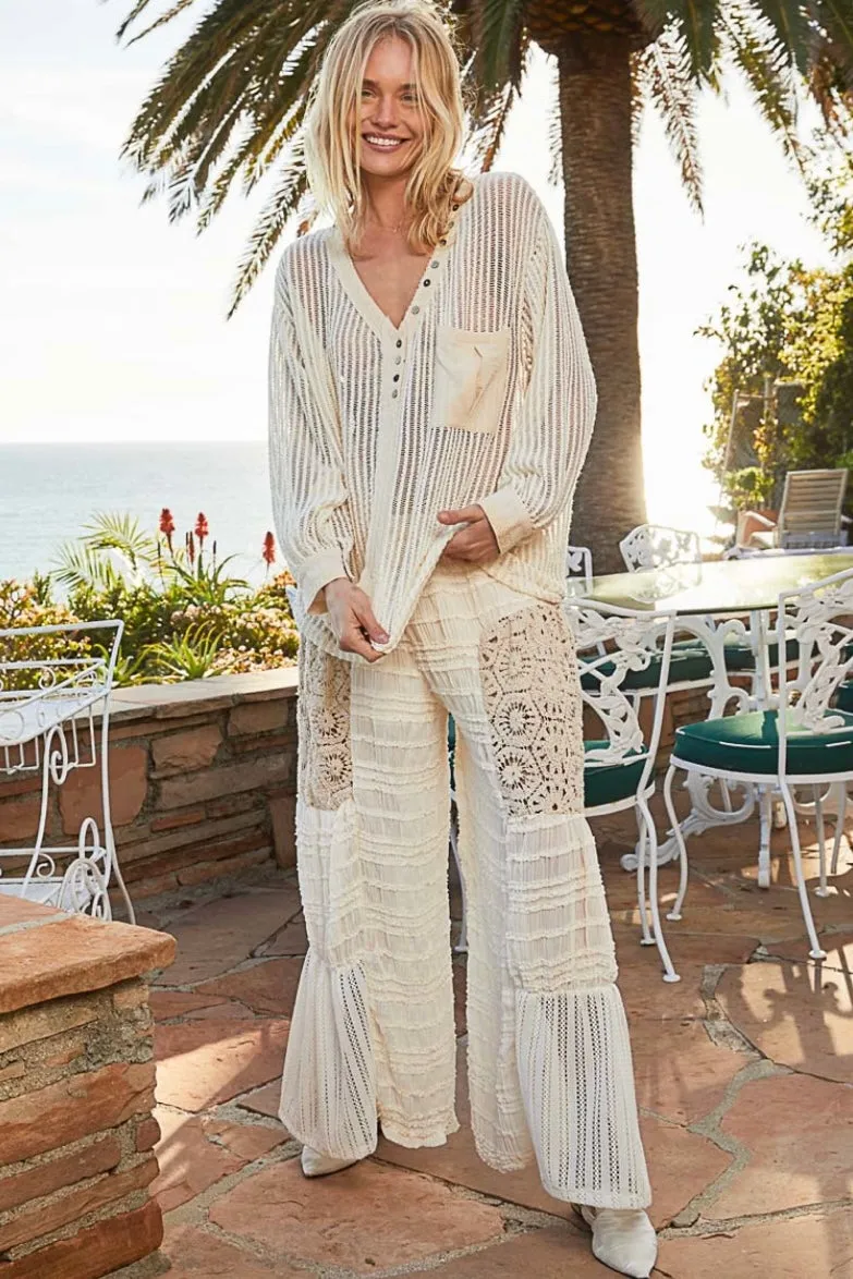 Coast To Coast Textured Woven Crochet Patched Flowy Wide Leg Pants