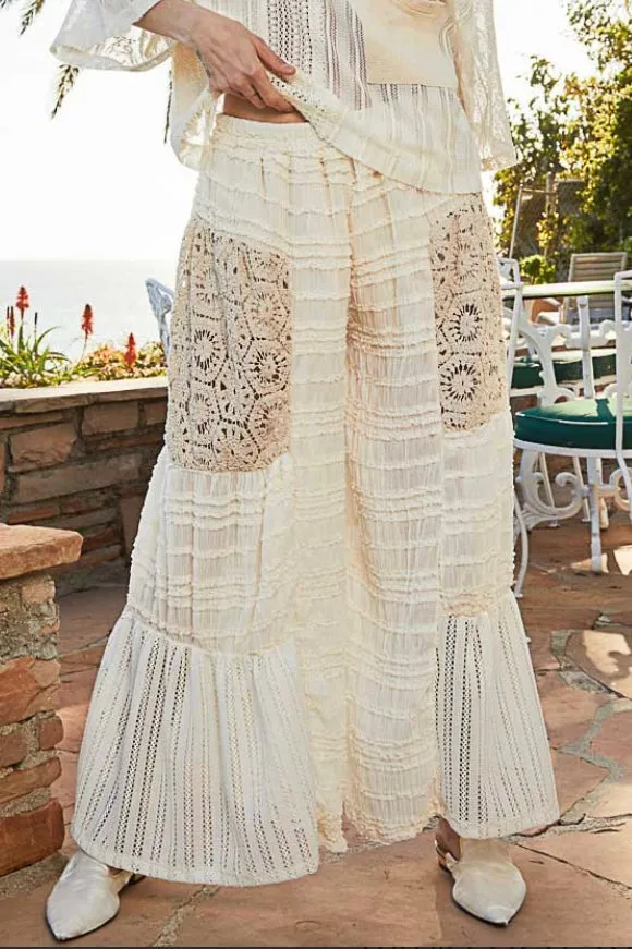Coast To Coast Textured Woven Crochet Patched Flowy Wide Leg Pants