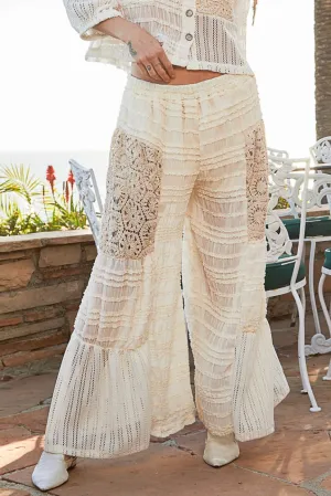 Coast To Coast Textured Woven Crochet Patched Flowy Wide Leg Pants