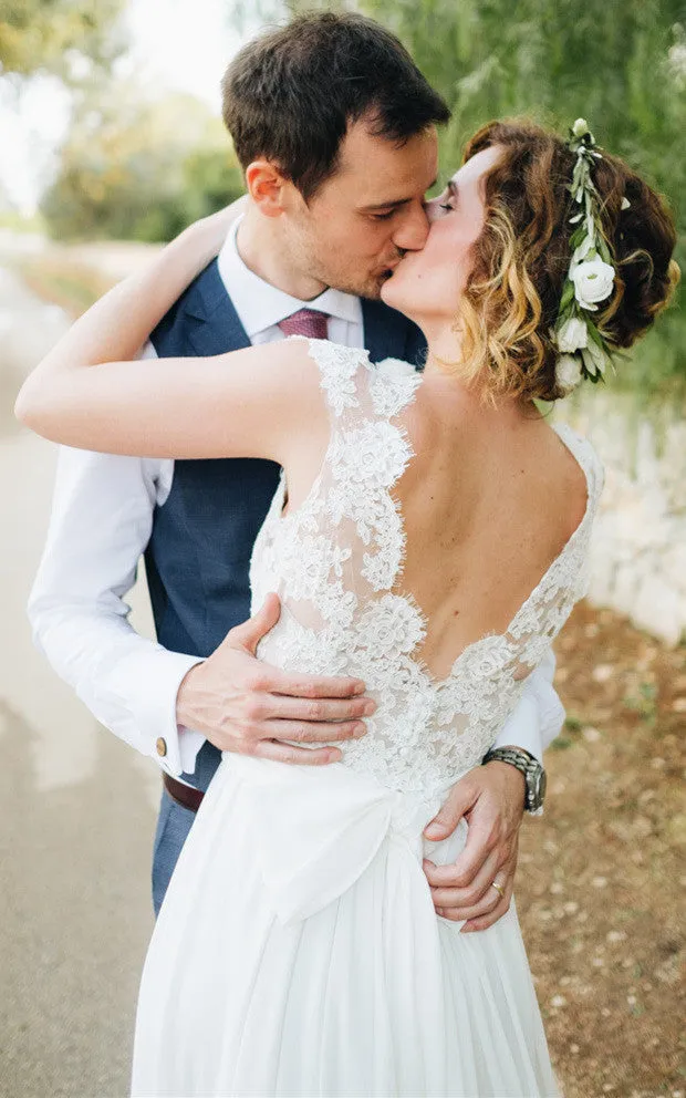 Elegant Floral Beach Boho Lace Wedding Dress Vintage Retro Elopement Country Sleeveless Floor Length Bridal Gown