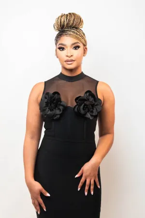 Elegant Floral Detail Mesh Bodycon Dress