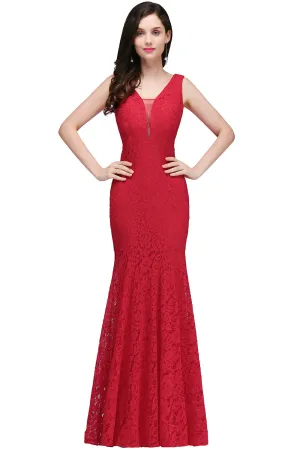 Elegant Mermaid Lace V-Neck Sleeveless Long Bridesmaid Dresses