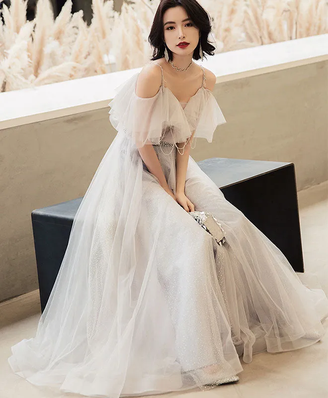 Elegant Off Shoulder Tulle Long Prom Dress, Tulle Evening Dress