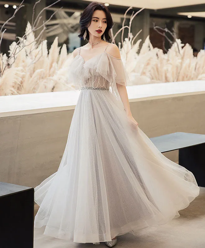 Elegant Off Shoulder Tulle Long Prom Dress, Tulle Evening Dress