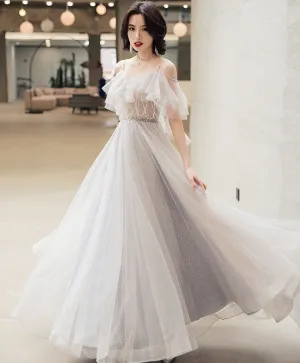 Elegant Off Shoulder Tulle Long Prom Dress, Tulle Evening Dress