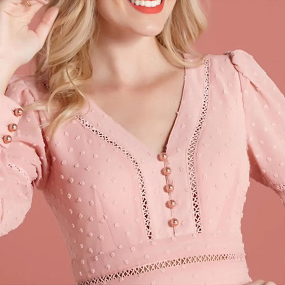 Elegant Pink Long Sleeve High Waist Dress