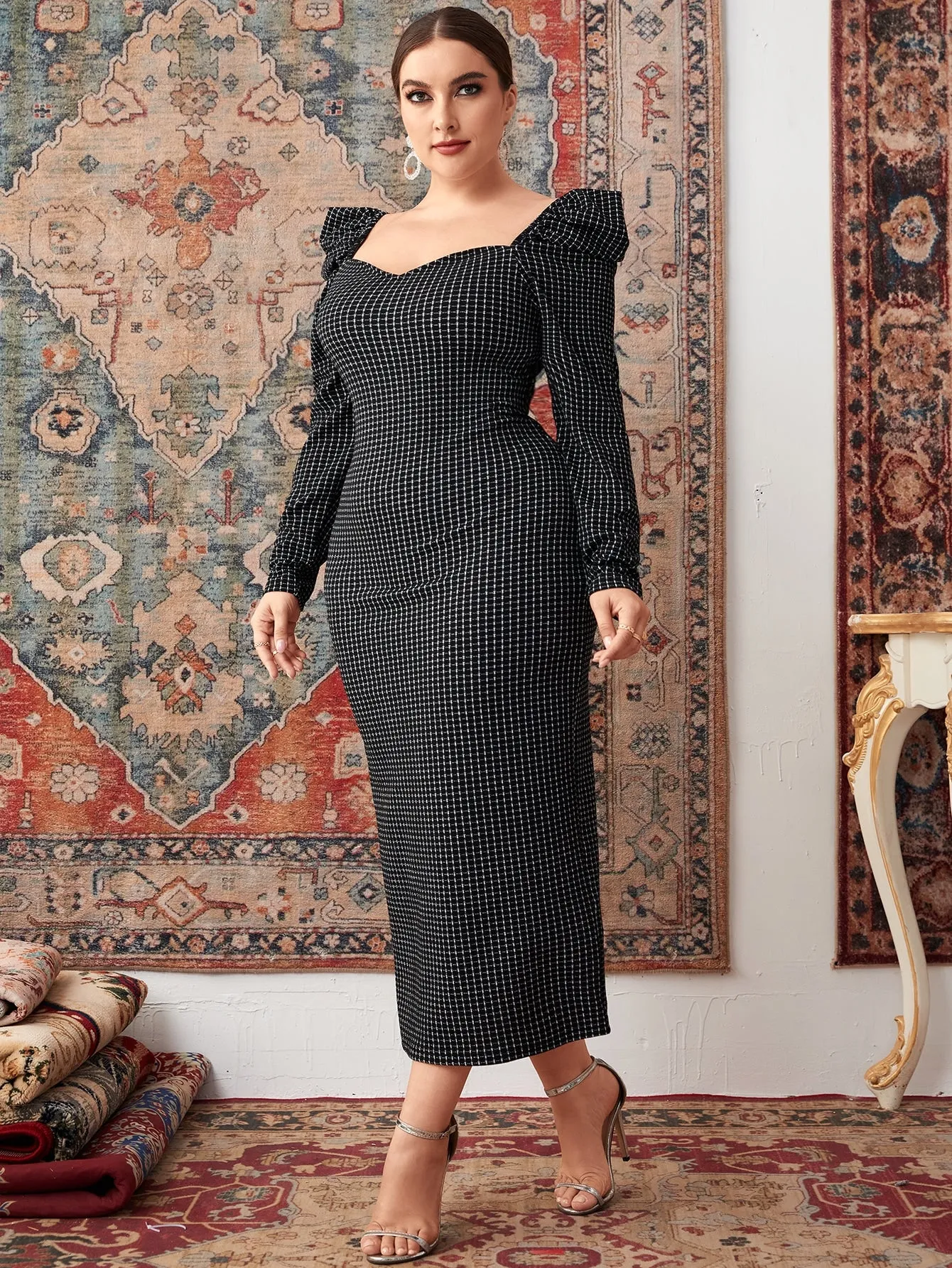 Elegant Plaid Split Long Sleeve Sweetheart Pencil High Waist Long Plus Size Dress