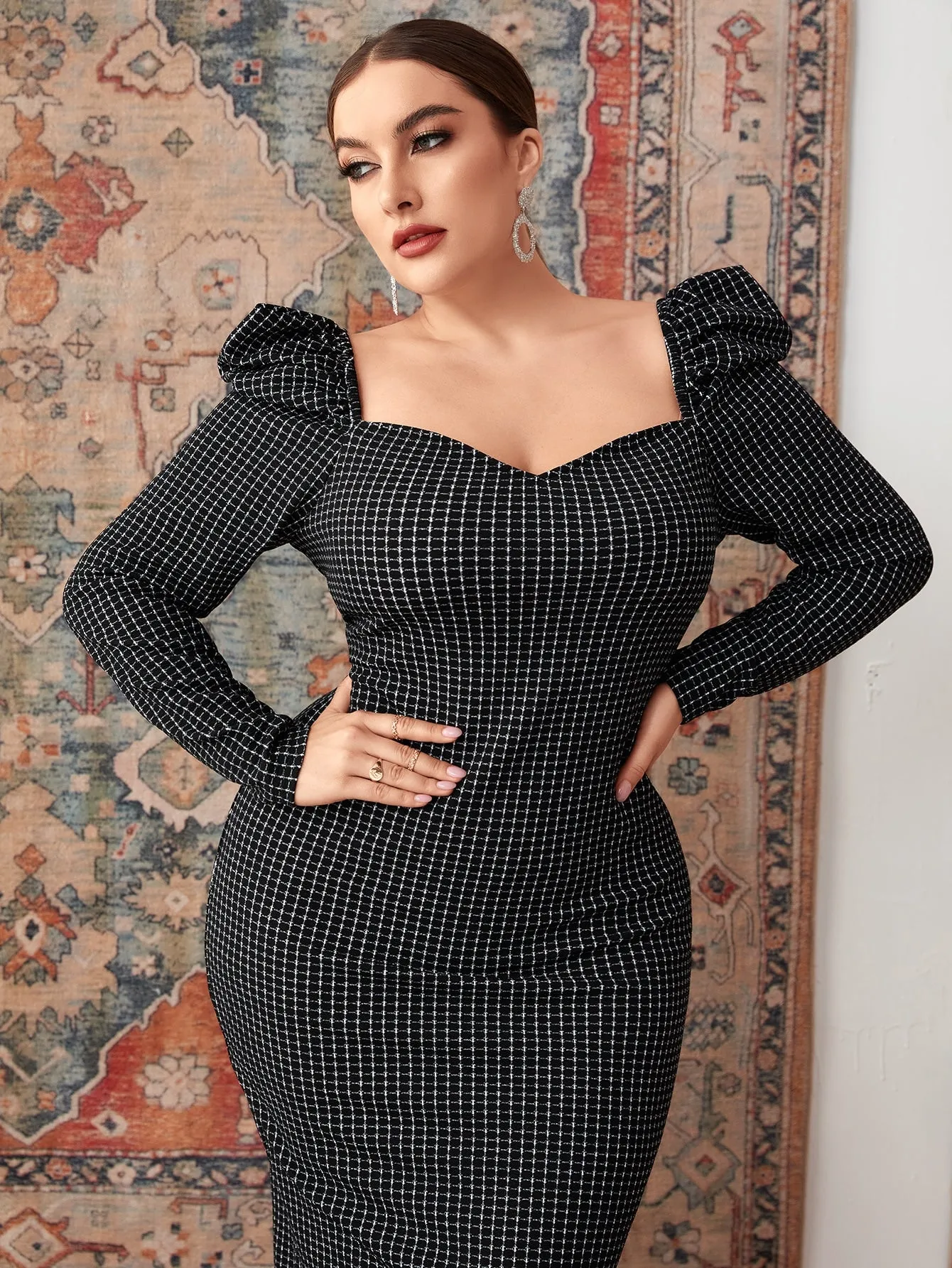 Elegant Plaid Split Long Sleeve Sweetheart Pencil High Waist Long Plus Size Dress