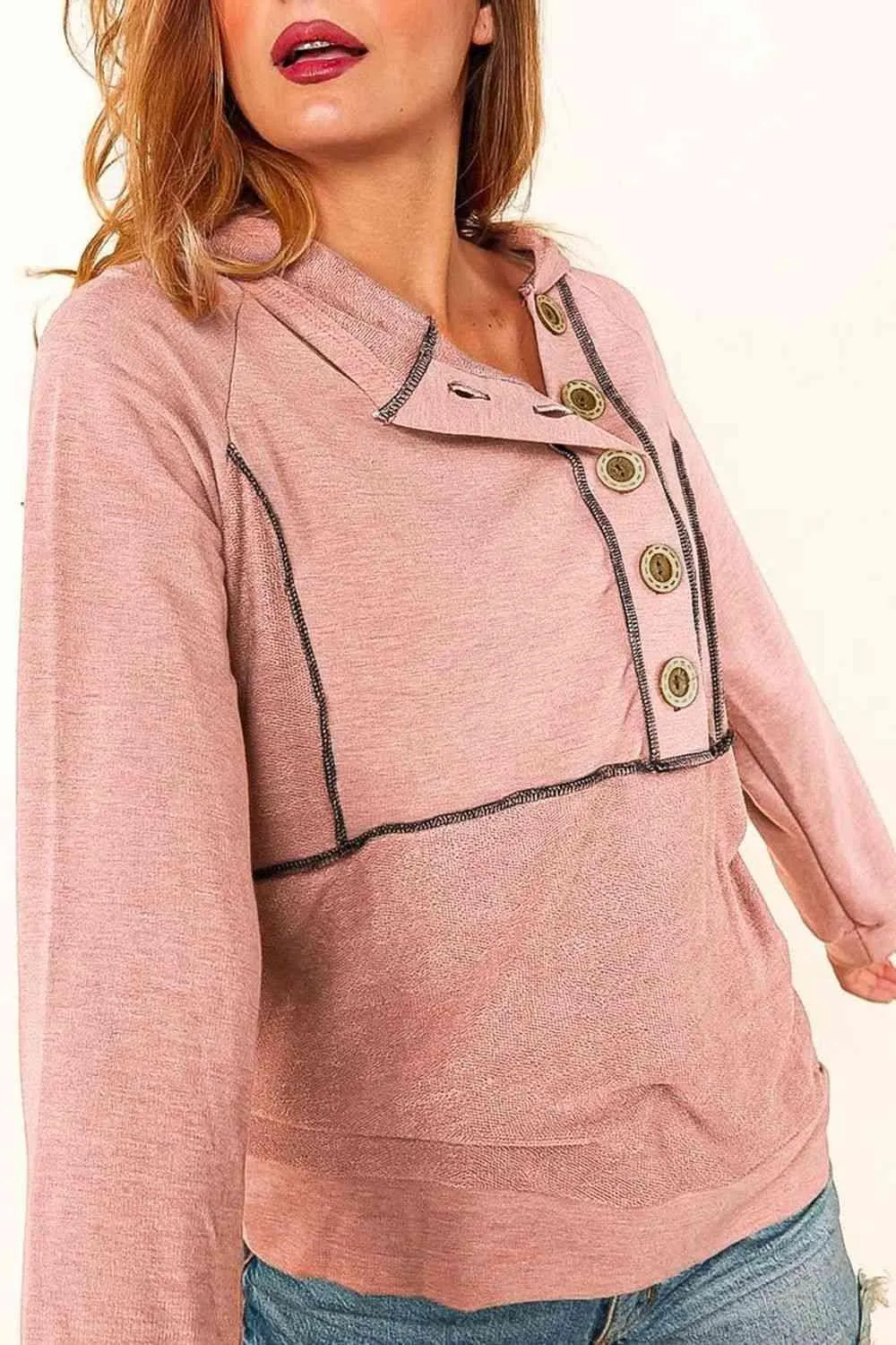 Feminine Style Half Buttoned Long Sleeve Hoodie