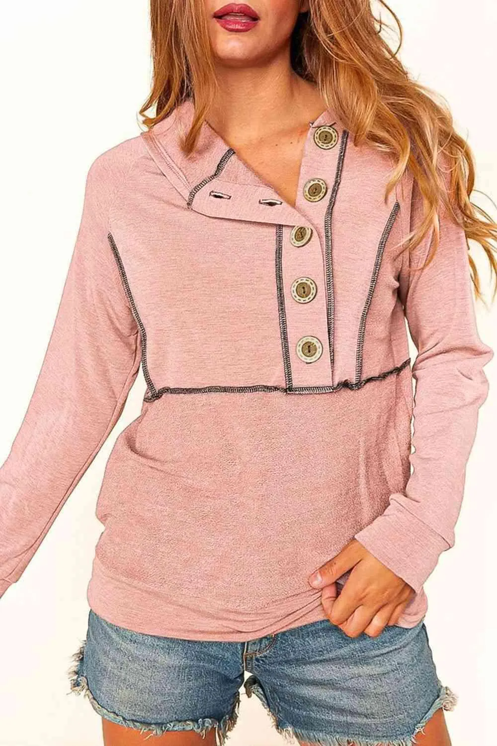 Feminine Style Half Buttoned Long Sleeve Hoodie