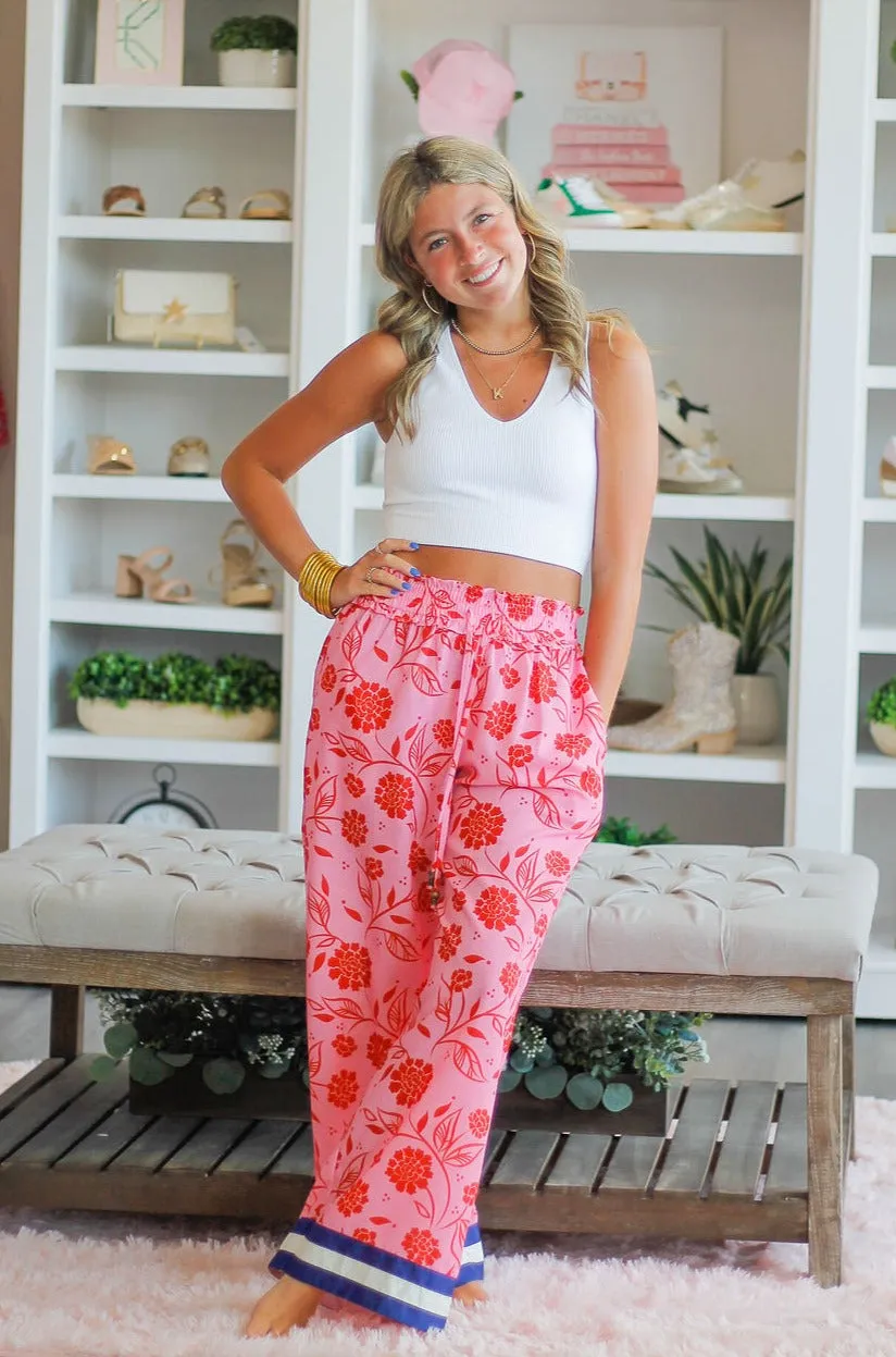 Flower Print Wide Leg Silk Pants