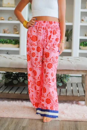 Flower Print Wide Leg Silk Pants