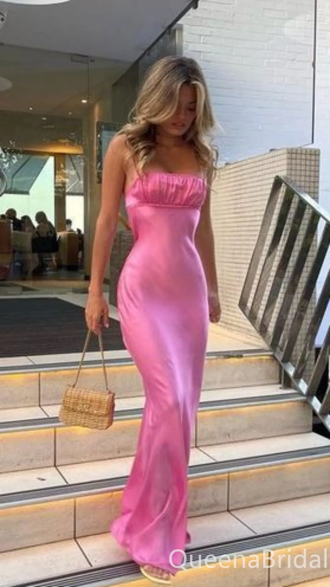 Gorgeous Pink Spaghetti Straps Sheath Long Party Dress Prom Dresses ,WGP1771