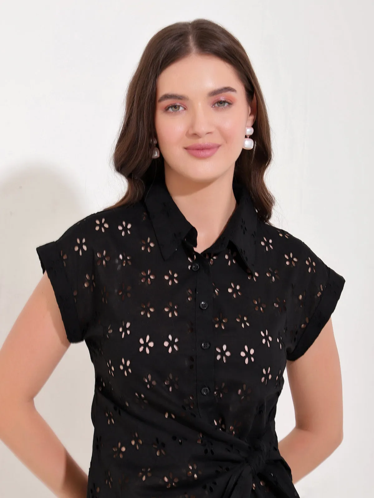 Gwen Black Schiffli Tie Waist Shirt
