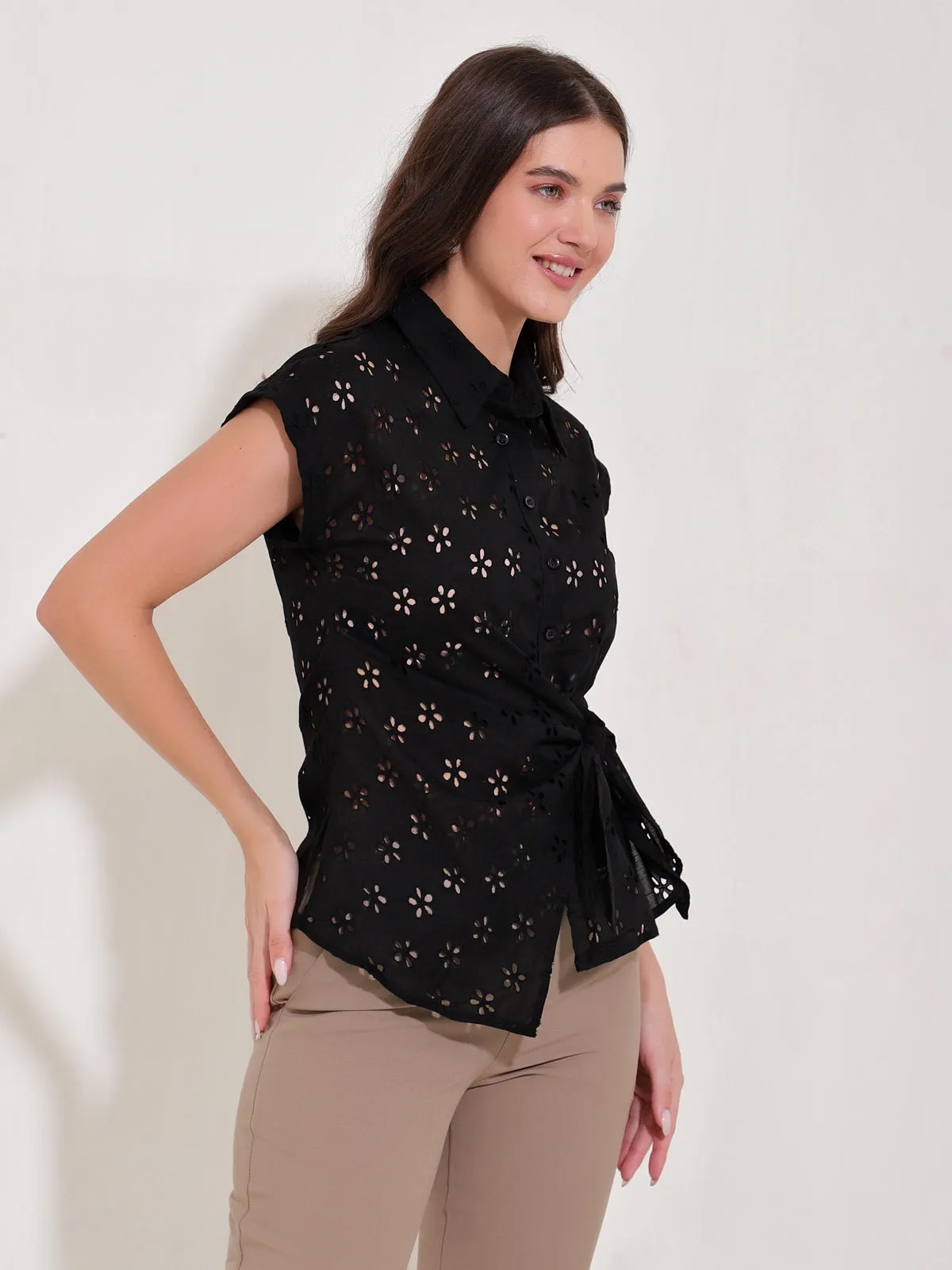 Gwen Black Schiffli Tie Waist Shirt