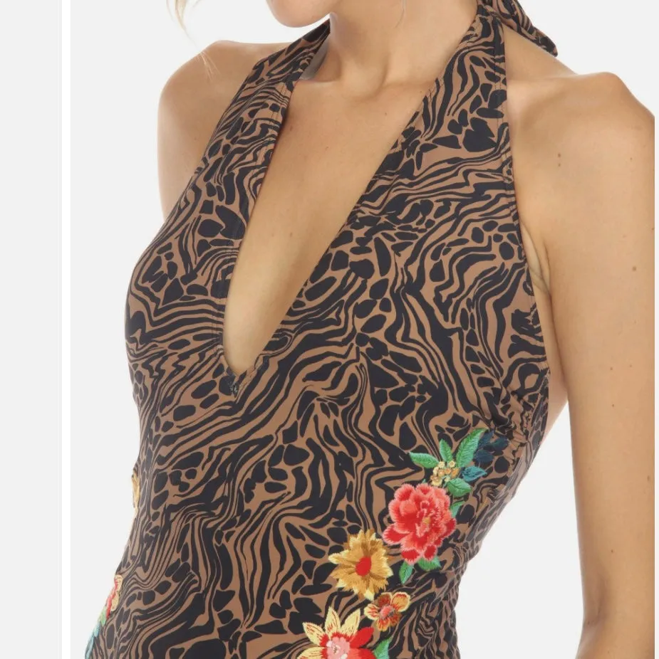 Johnny Was Halter Embroidered One Piece Swimsuit Womens Casual Floral Boho XS