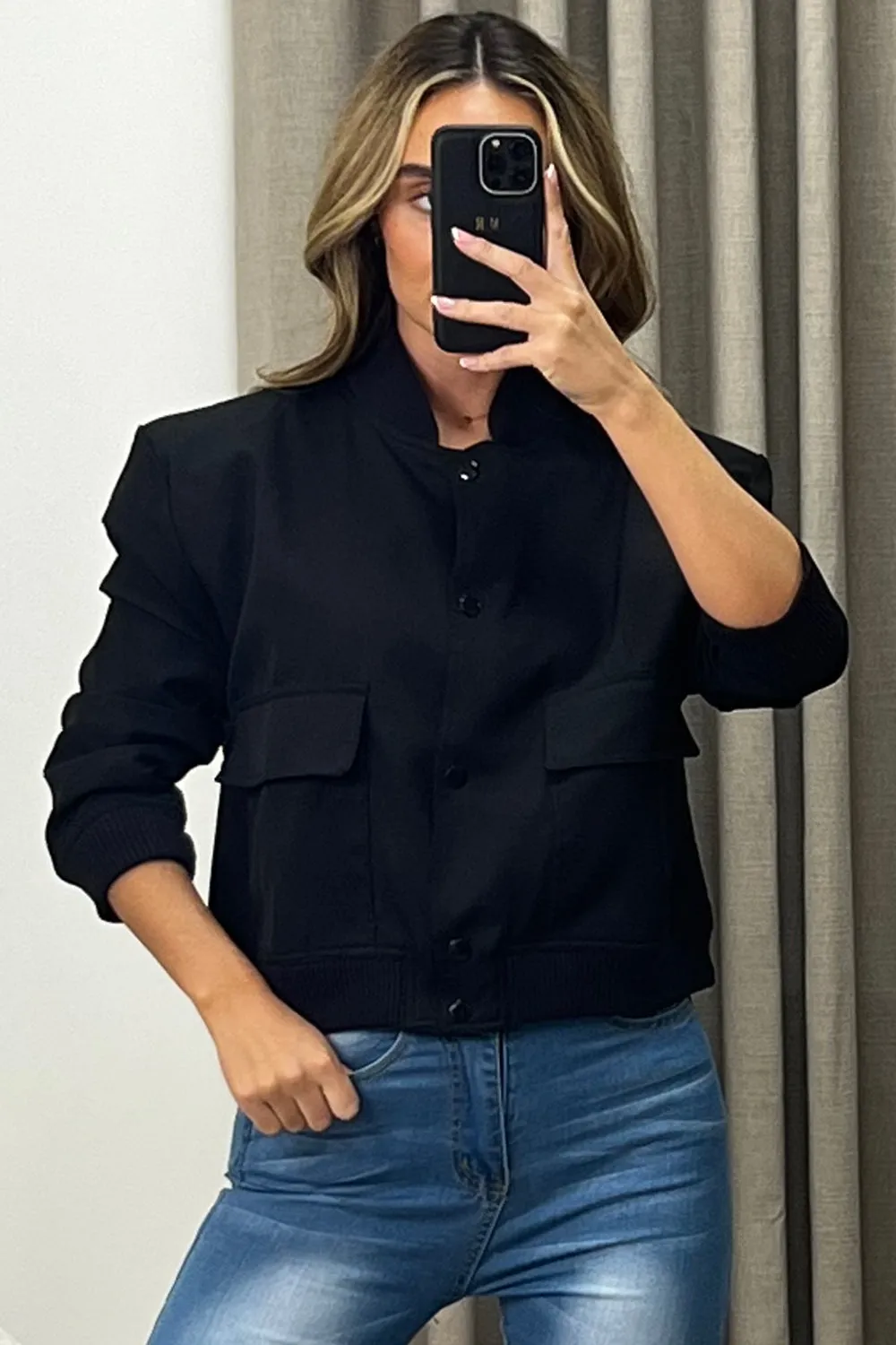 Kienna Black Pocket Detail Cropped Cargo Bomber Jacket