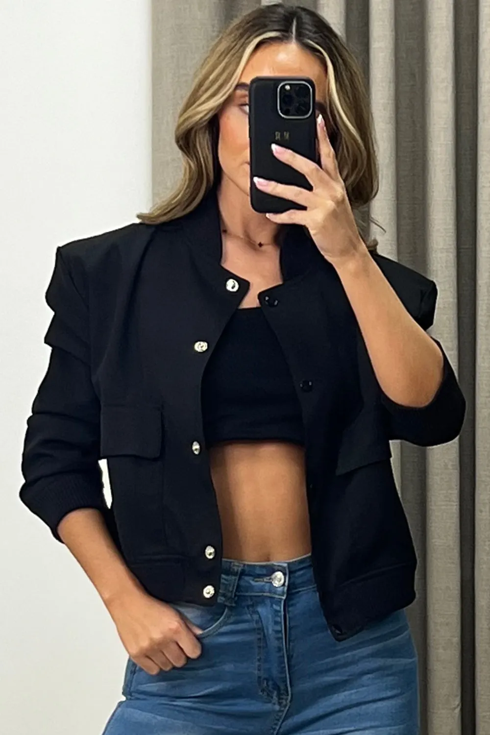 Kienna Black Pocket Detail Cropped Cargo Bomber Jacket