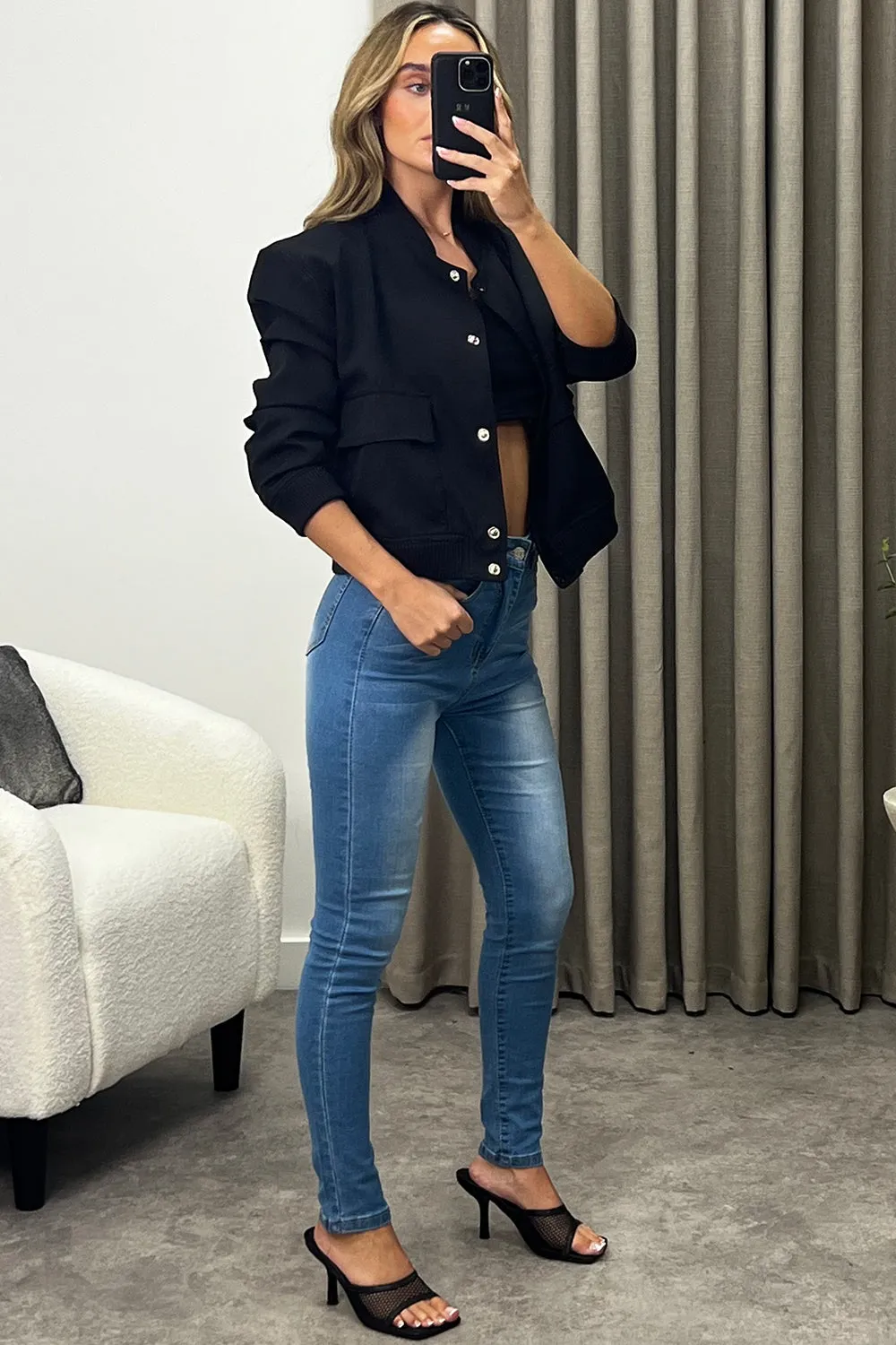 Kienna Black Pocket Detail Cropped Cargo Bomber Jacket