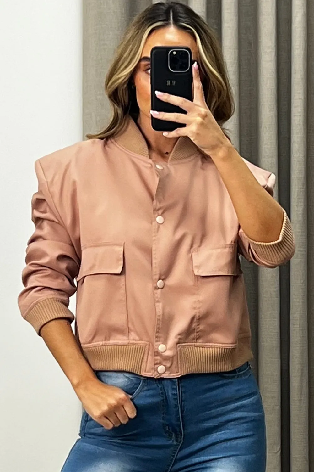 Kienna Rose Beige Pocket Detail Cropped Cargo Bomber Jacket